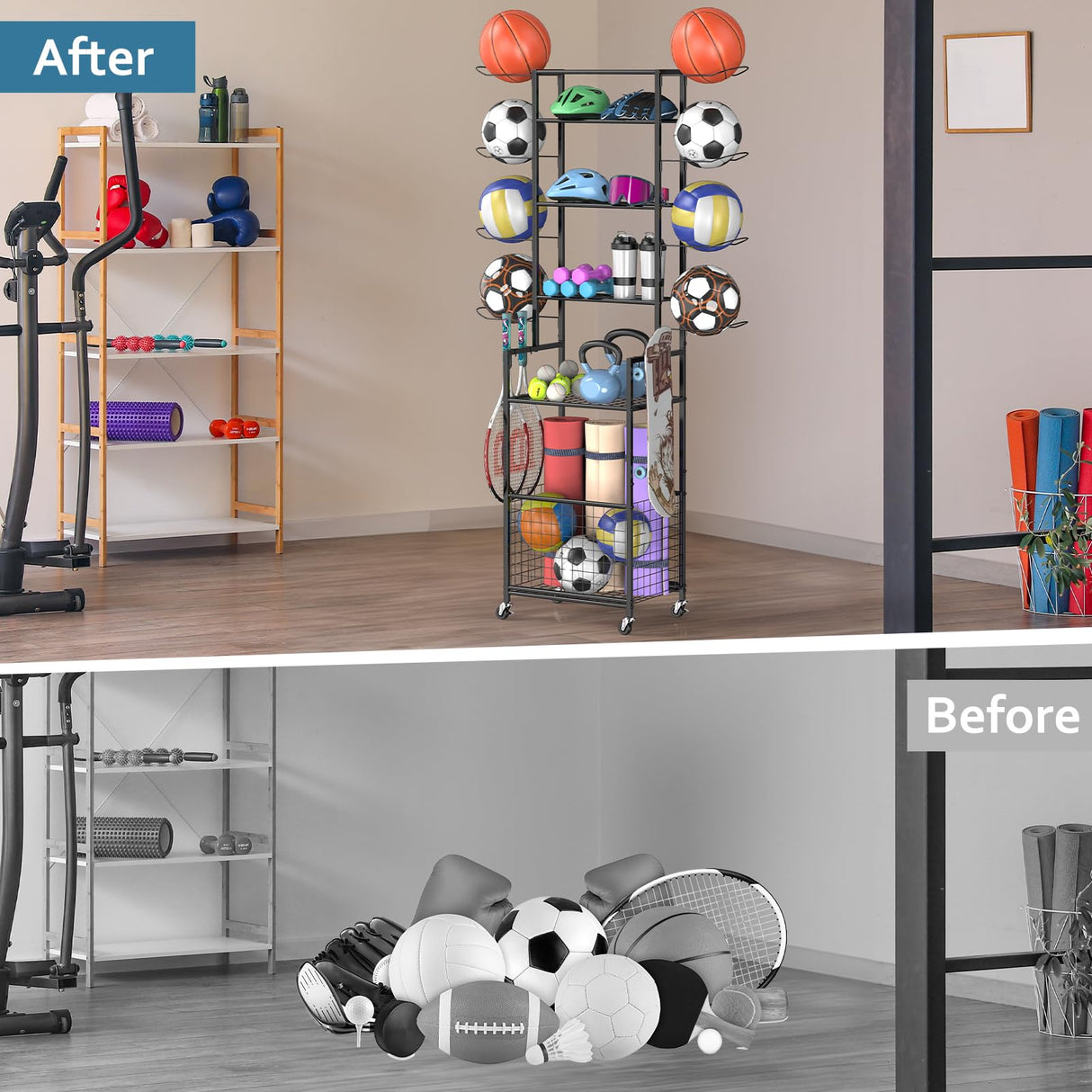 Shinoske Ball Storage Rack with Wheels,6-Tier Basketball Rack with Storage Basket and Hooks,Multi Use Garage Sports Equipment Organizer,for Sports Gear,Volleyball,Football,Indoor/Outdoor Use,Black Shinoske