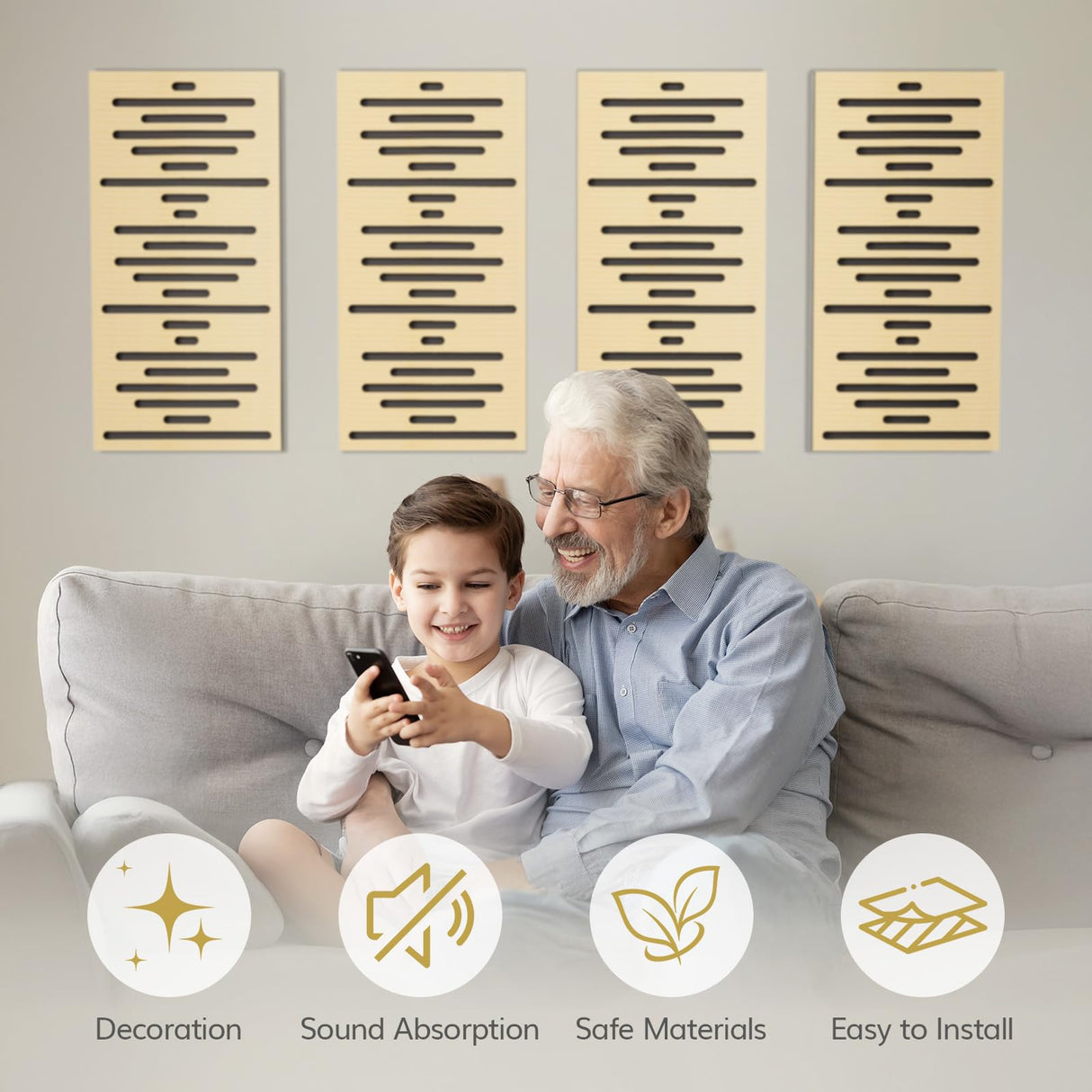 TONOR 4-Pack Acoustic Wood Wall Panels, 23.6” * 11.8” * 1.9” 3D Self-adhesive Wall Panel, Three-layer Soundproof Tiles for Echo Absorbtion, Acoustical Barrier of Polyester Fiber, wood, Burly Wood TONOR