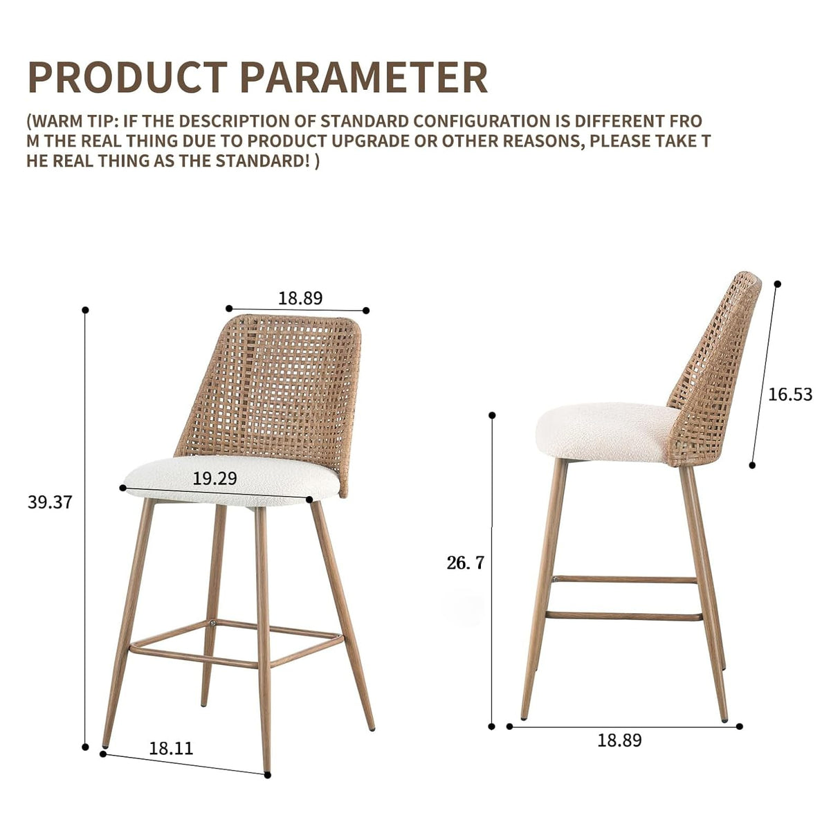 Modern Rattan Bar Stools Set of 2,Modern Upholstered Counter Height Bar Stools with PE Cane Back,26" H Seat Height Bar Chair Island Stools with Solid Metal Legs for Kitchen Counter Home Pub,Brown JALOURT