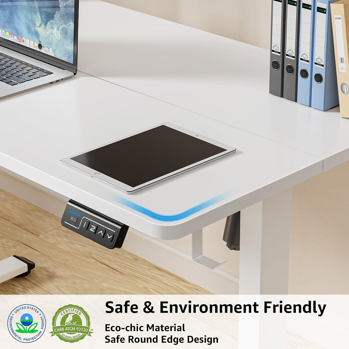 MOUNTUP Electric Height Adjustable Standing Desk, 48 x 24 Inches Sit Stand Desk with Memory Controller, Ergonomic Stand Up Desk for Home Office with Splice Board, White MOUNTUP