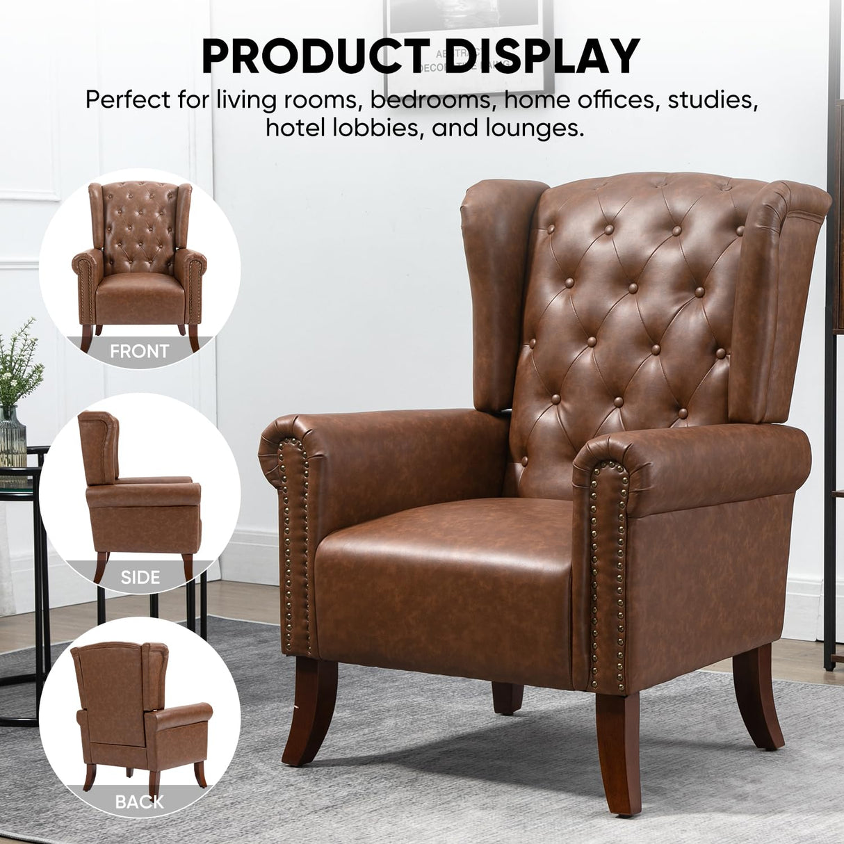 MOJAY Mid-Century PU Leather Accent Chair, Living Room Lounge Sofa Chair with Buttons, Single Club Armchair with Rivet Trim for Bedroom Home Reception (Brown) MOJAY