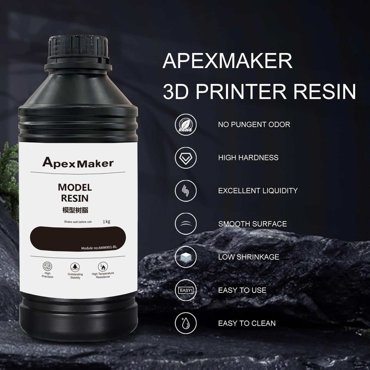 ApexMaker 3D Printer Resin Black, 1000g, High Precision, Low Odor, Quick Curing Standard Photopolymer Resin, 385-405nm UV Curing 3D Printing Liquid Photopolymer Resin for LCD DLP SLA 3D Printers ApexMaker