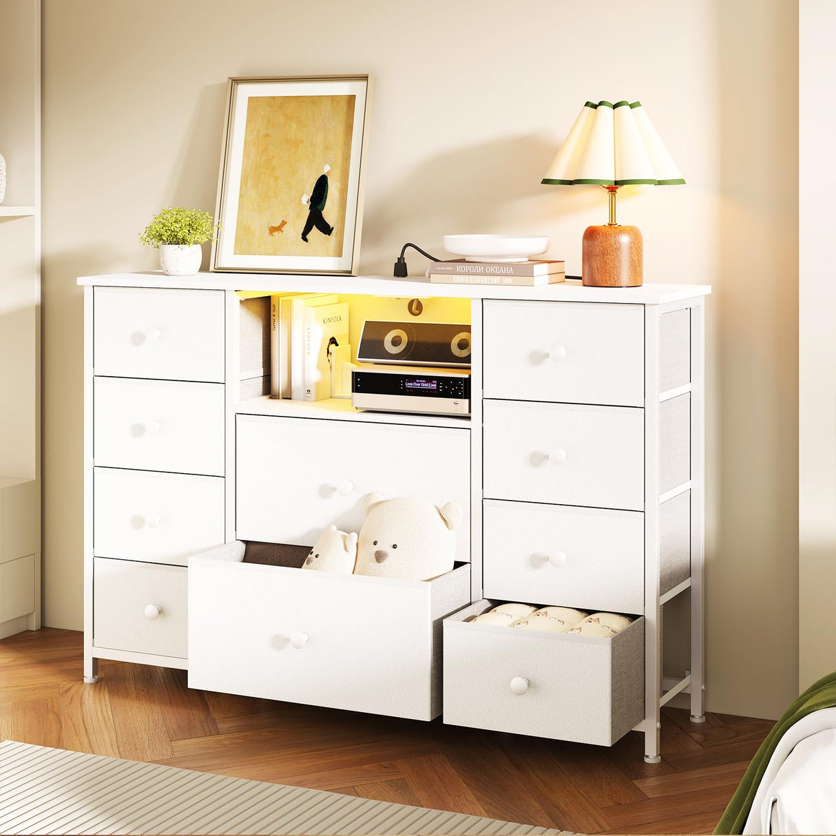 Dresser for Bedroom with 10 Drawers, White Storage Organizer TV Stand for 55" TV with LED Lights and Sockets, Fabric Chest of Drawers with PU Finish for Kid Room, Entryway, Living Room, Hallway LIWEIJIA