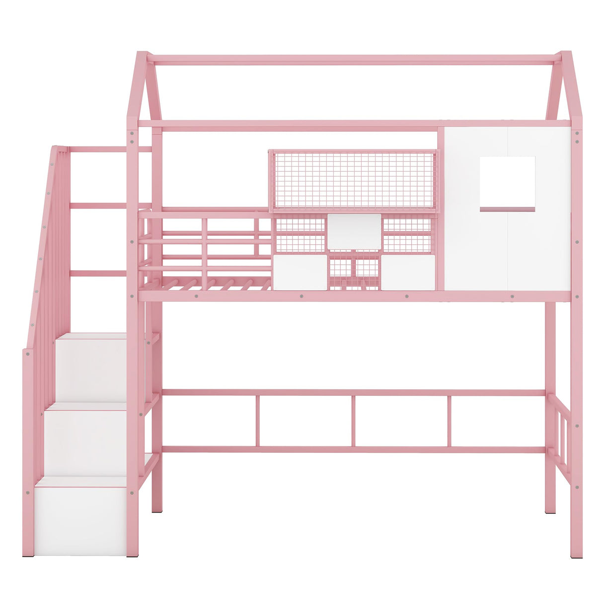 Harper & Bright Designs House Loft Bed with Stairs, Metal Twin Loft Bed Frame with Roof and a Storage Box, Modern Style Heavy-Duty Steel Frame Loft Bed with Safety Rail, for Kids Teens (Twin, Pink) Harper & Bright Designs