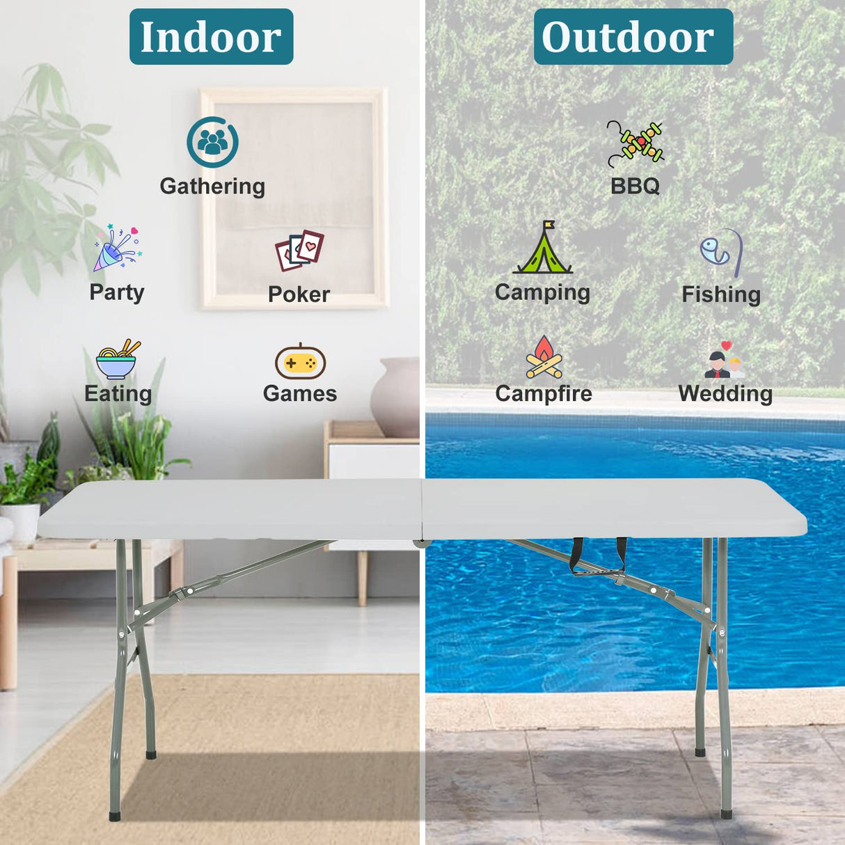 Pazidom 6FT Folding Table, Heavy Duty Plastic Table Portable Fold-in-Half Utility Table Indoor Outdoor Picnic Table w/Handle & Lock for Camping BBQ Party Wedding Market Events, 500LBS Pazidom