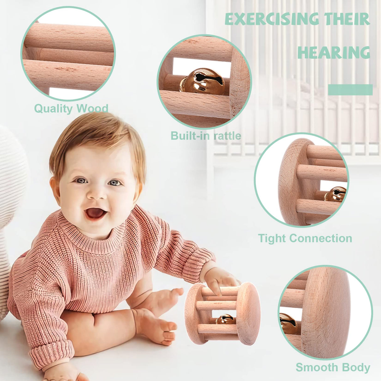 6 Pieces Toy Set- Wooden Baby Toys for Babies 0-6 Months,Wooden Toys for Babies Rattles with Bells,Wooden Rattles Push Car,Wood Teething Toys Gifts for Boys Girls,Montessori Toys for Babies 0-6 Months YunHe XinQiao Toys Factory