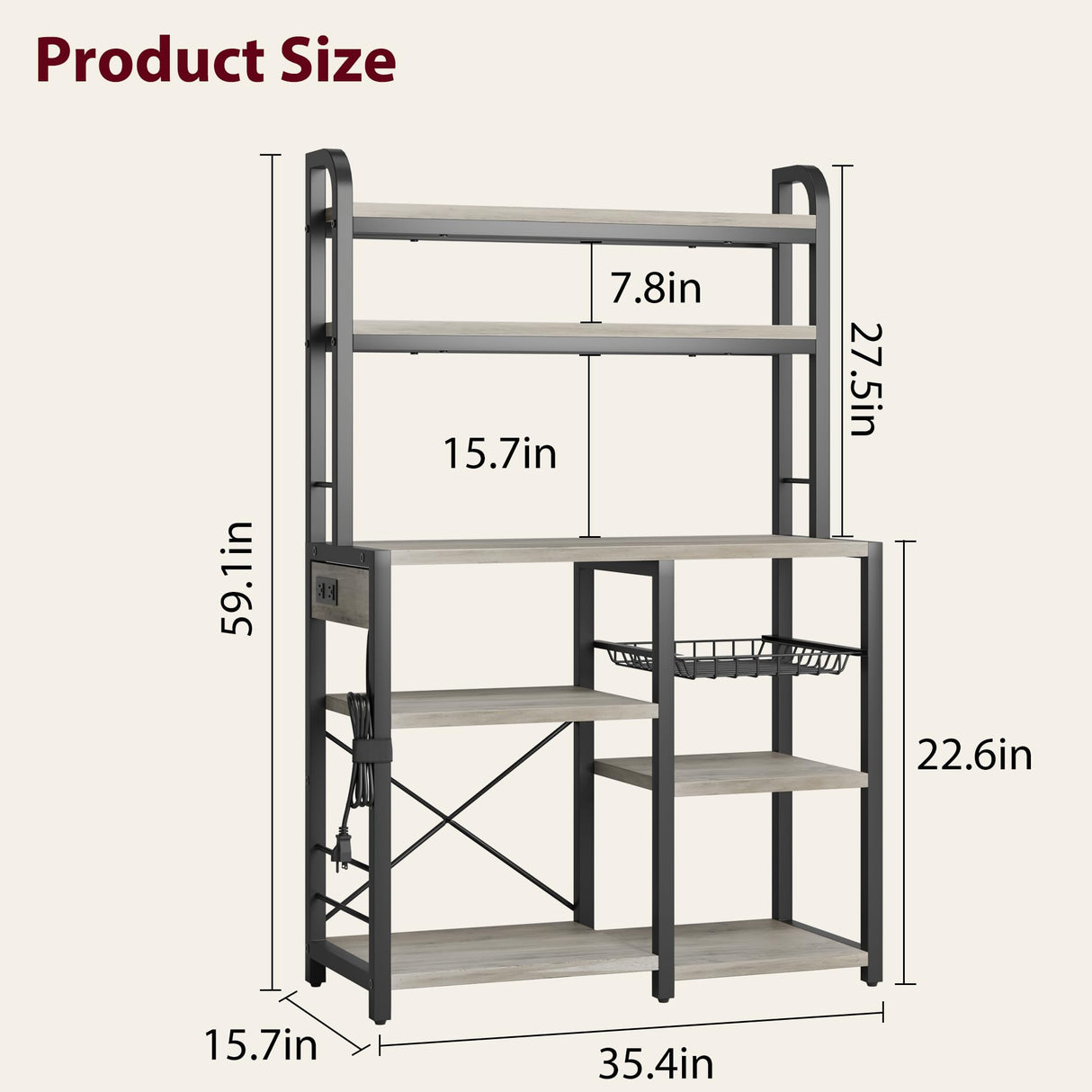 IDEALHOUSE Rustic Gray Bakers Rack with Power Outlet and Large Storage Capacity IDEALHOUSE