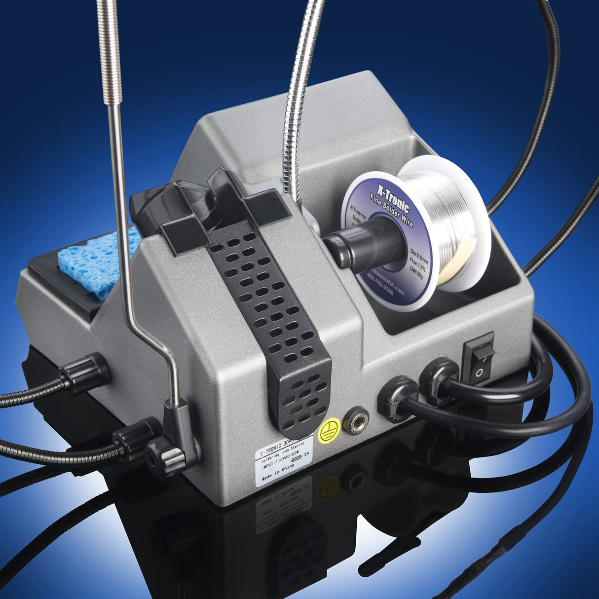 X-Tronic 3090-PRO-X – 75 W Soldering Iron Station – 5 Extra Tips, 2 LED Displays, Sleep Func, C/F, 3 Temp Presets, Mini Mag Lamp, 4 Helping Hands, Solder Sucker, Tweezers, Solder, Brass & Wet Sponges X-TRONIC