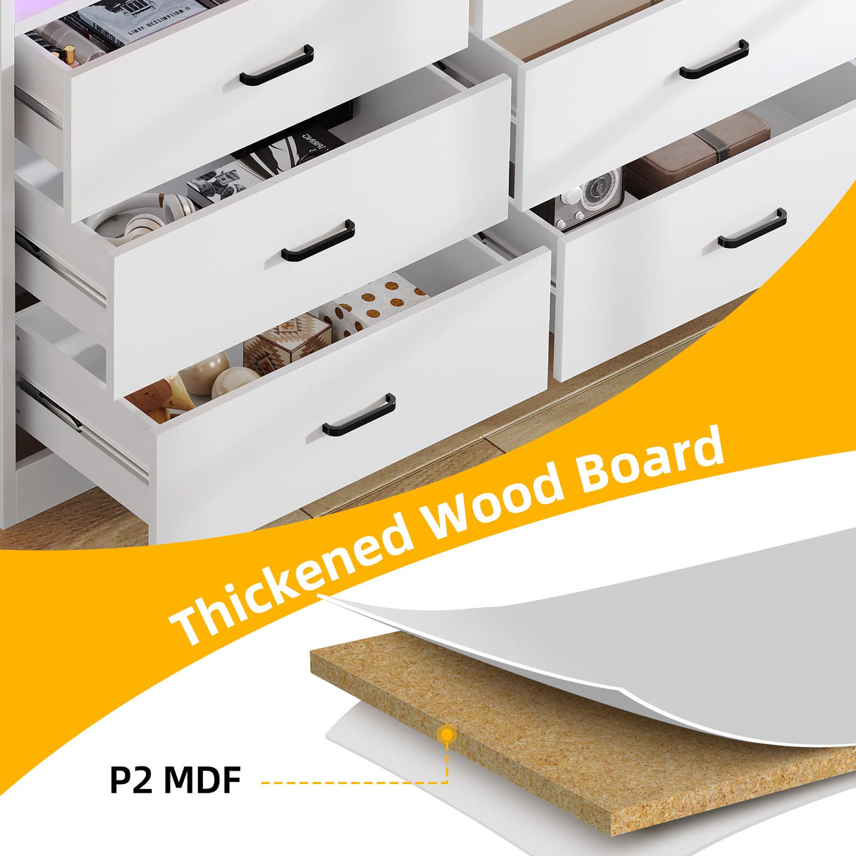 DWVO 6 Drawer Dresser with LED Light and Charging Station, Modern Chest of Drawers, Wide Drawer Organizer Cabinet for Living Room, Entryway, Hallway DWVO