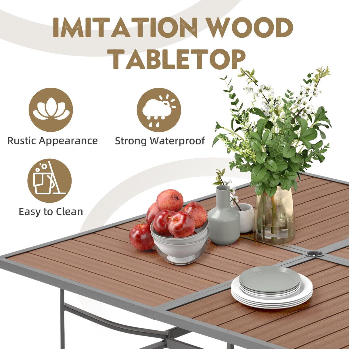 EROMMY 9-Piece Outdoor Dining Set, 8 Swivel Wicker Chairs with Thick Cushions & Wood-Like Dining Table with Umbrella Hole, Patio Furniture Set for Porch, Garden, Backyard, Poolside, Deck, Grey EROMMY