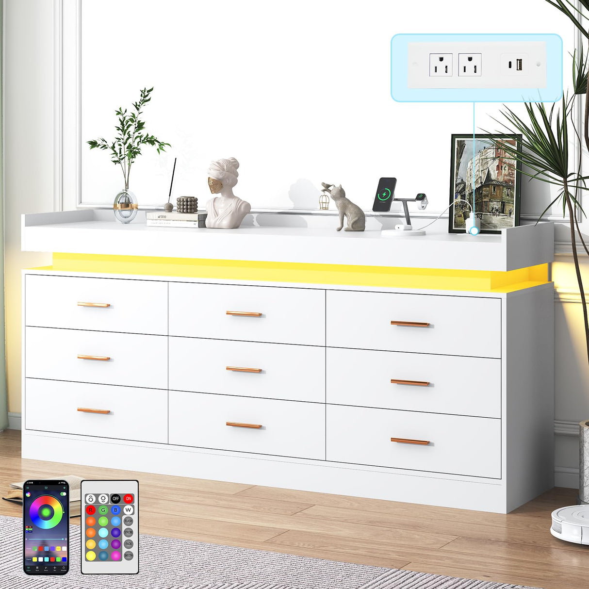 jiteentarou 9 Drawer Dresser with Charging Station and LED Lights, Modern Chest of Drawers with Power Outlet, Organizer Cabinet for Bedroom, Living Room, Entryway, White jiteentarou