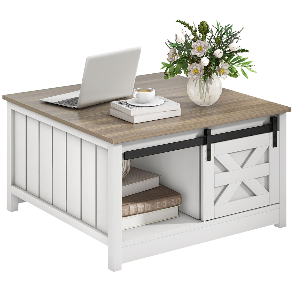 DWVO Farmhouse Storage Coffee Table: Wooden Square Center Table with Sliding Barn Door, Half Open Storage for Living Room, Grey/White DWVO
