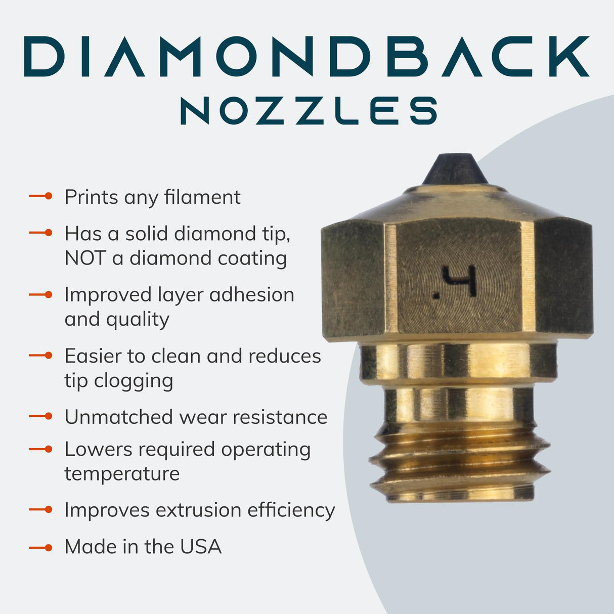 Diamondback Nozzles – MK10 PTFE Tube Compatible – Polycrystalline Solid Diamond Tip 3D Printer Nozzles, Improved Extrusion, Any Filament, Long Life, Wear Resistant, USA Made (0.4mm) US Synthetic