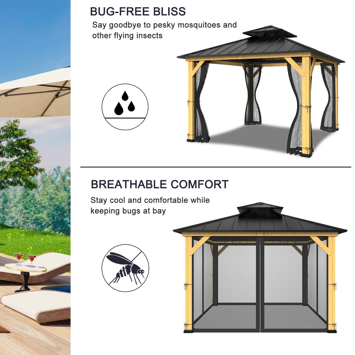 12-ft x 12-ft Gazebo Netting,Gazebo Replacement Mosquito Netting,Universal 4-Panel Mesh Screen Walls with Zippers(Only Netting)-Black Zupoquk