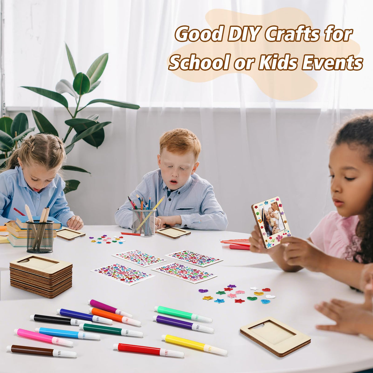 Yalikop 12 Pack Wooden Picture Frames for Crafts Unfinished Magnetic Picture Photo Frame with 12 Watercolor Pencils, Stickers, Mini Wood Fridge Magnetic Frames Display DIY Gifts for Refrigerator Yalikop