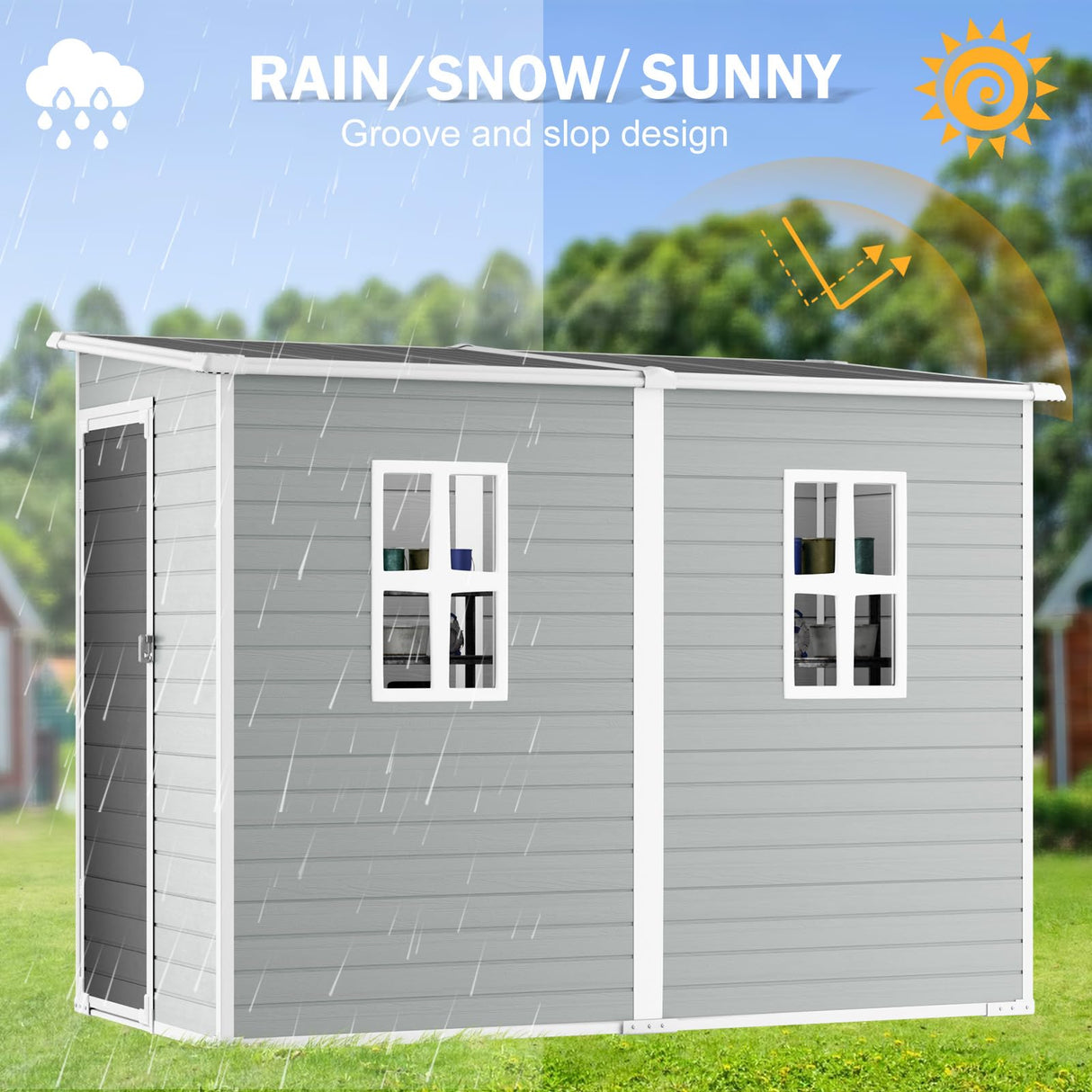 CDCASA 4x8 FT Resin Lean to Shed, Waterproof Outdoor Storage Shed with Floor, Plastic Tool Shed for Outside, Backyard, Patio, Poolside, Bike, Grey CDCASA