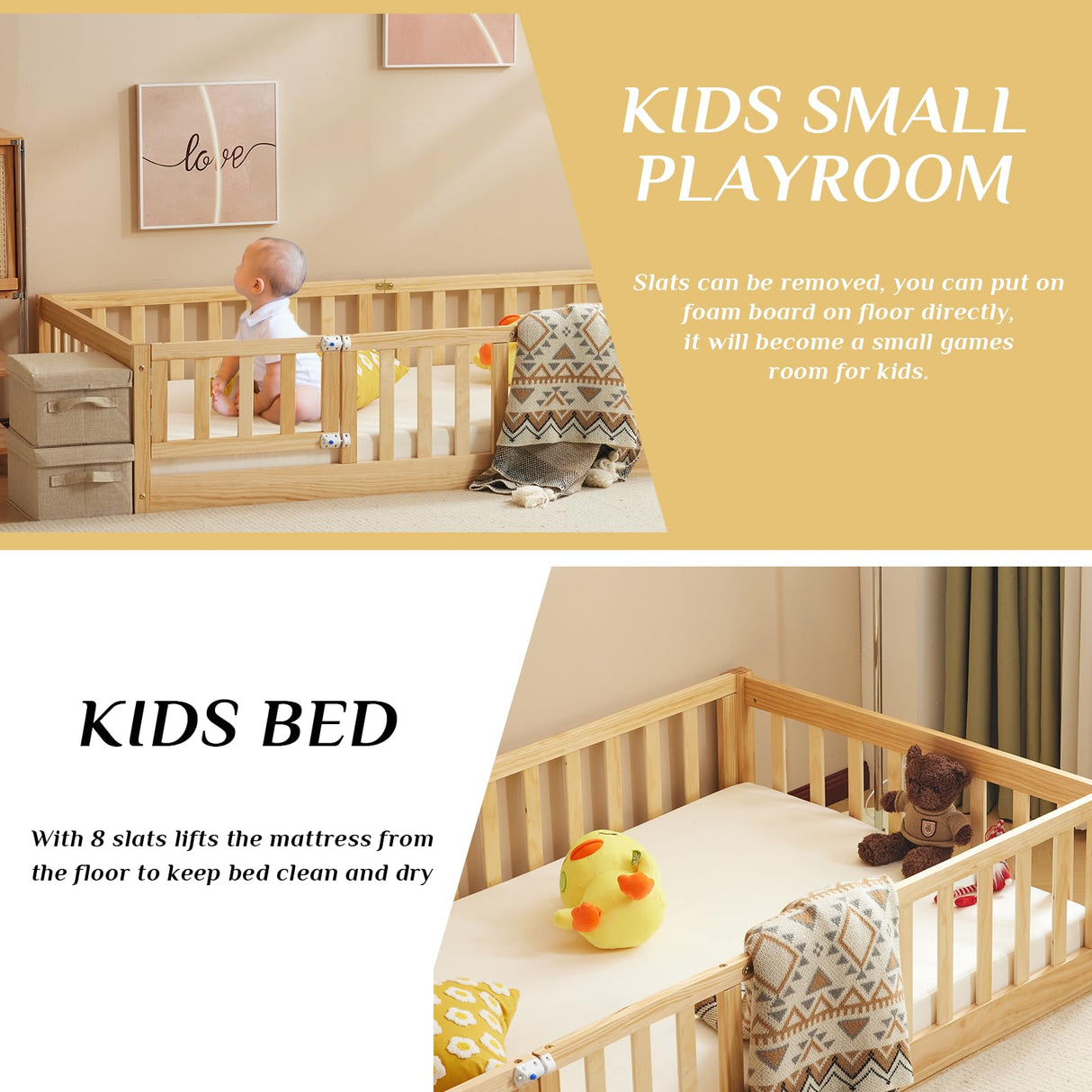 Karl home Toddler Floor Bed with Door and Fence for Kids, Montessori Bed with 12 Slats and Safety Guardrails,Kids Bed Solid Wood Twin Bed Frame for Girls, Boys (Natural) Karl home