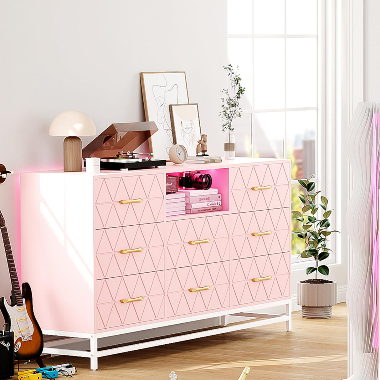 GarveeHome Pink Dresser for Bedroom with 8 Deep Drawer, 59" TV Dresser Wooden Large Long Dresser with Power Outlet and LED Lights, Modern Chest of Drawers Storage Organizer for Living Room, Hallway GarveeHome