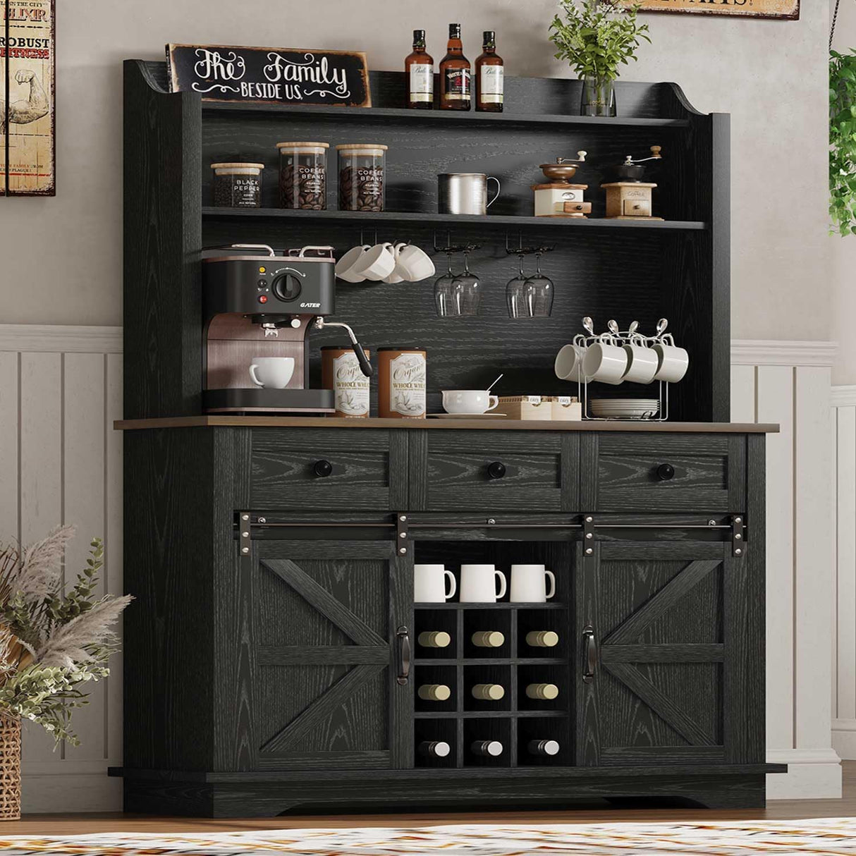 REVOMINCA 63 Inch Tall Coffee Bar Cabinet with 3-Tier, Kitchen Hutch with 3 Large Drawers, Farmhouse Coffee Bar with 9 Wine Racks & 3 Glass Holders, Wine Storage Cabinet for Living Dining Room, Black REVOMINCA