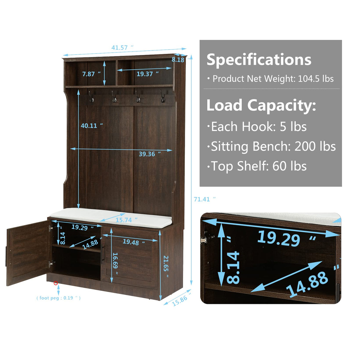 Betoko Hall Trees with Bench and Coat Racks, Farmhouse 71 Inch Entryway Bench with 2 Cabinet Doors, Wood Coat Tree Mudroom Storage Bench (Walnut) Betoko