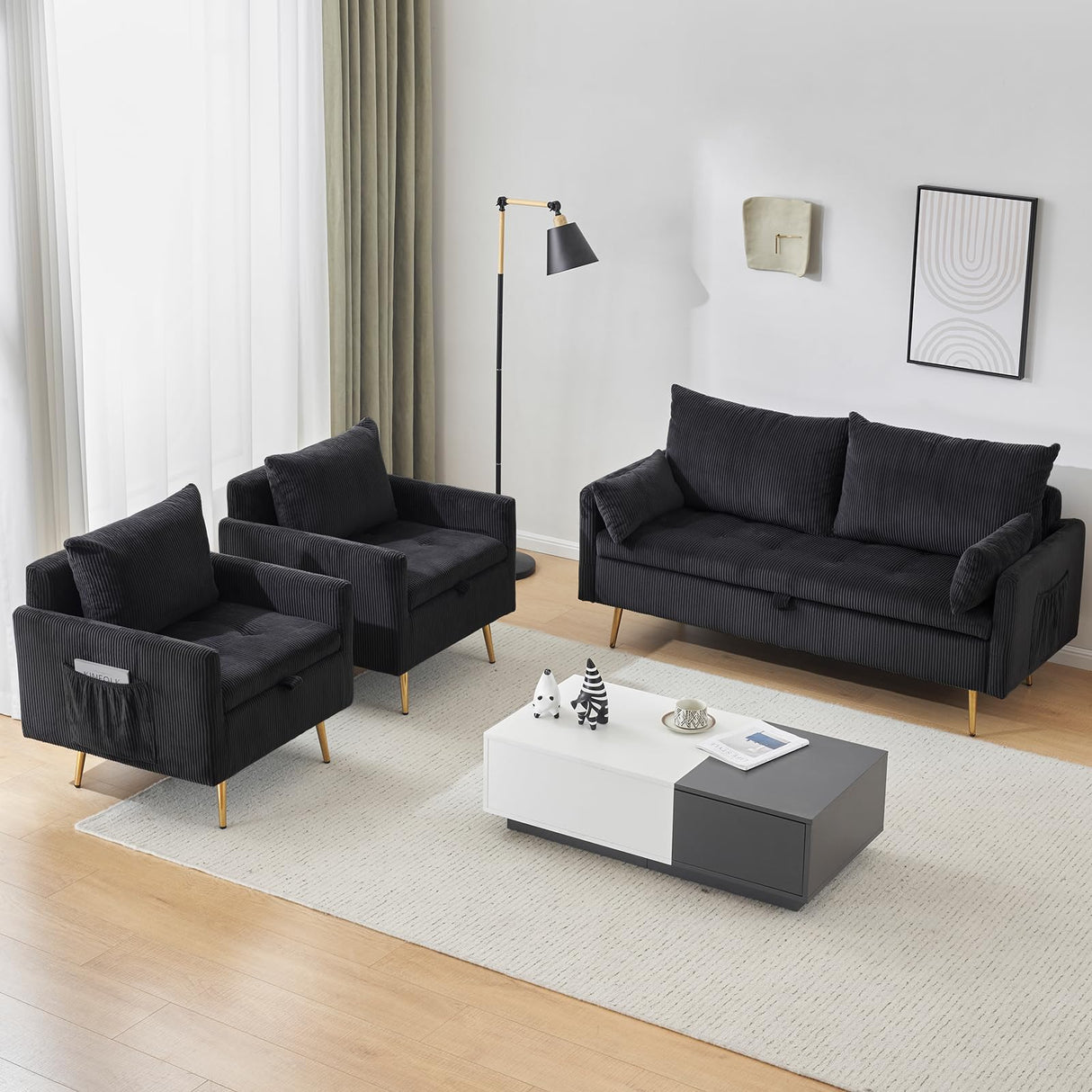 Furnimart 2-Seater Storage Loveseat for Small Spaces, 62“ Corduroy Couch with Removable Cushion Cover and Metal Leg for Bedroom, Apartment, Tiny Homes and Lofts, Black Furnimart