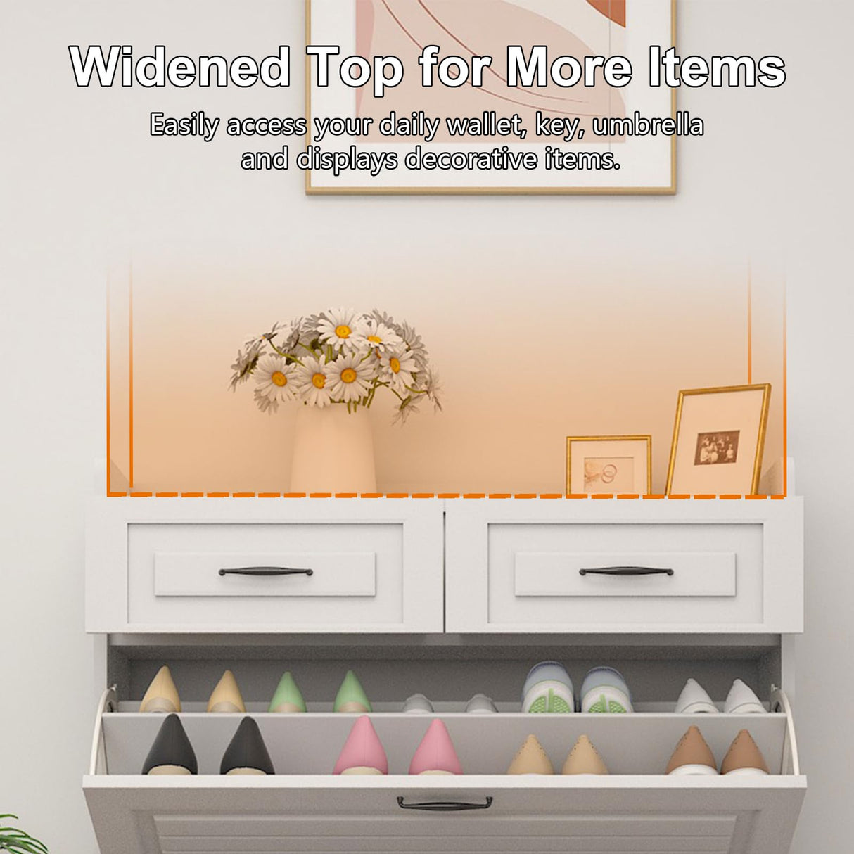 HANLIVES Shoe Cabinet for Entryway, White Narrow Shoe Storage Organizer with 3 Doors 2 Drawers,Flip Down Shoe Rack Wood 4 Tier Shoe Storage Cabinet for Hallway, Living Room,Home and Apartment HANLIVES