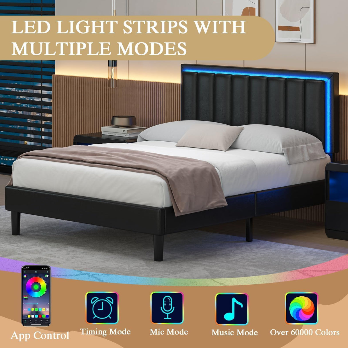 IMMERSTABLE Queen Bed Frame with LED Lights, Upholstered Bed Frame Queen Size with Headboard, Heavy Duty Wood and Metal Slats Support, Noise-Free, No Box Spring Needed, Easy Assembly, Black IMMERSTABLE