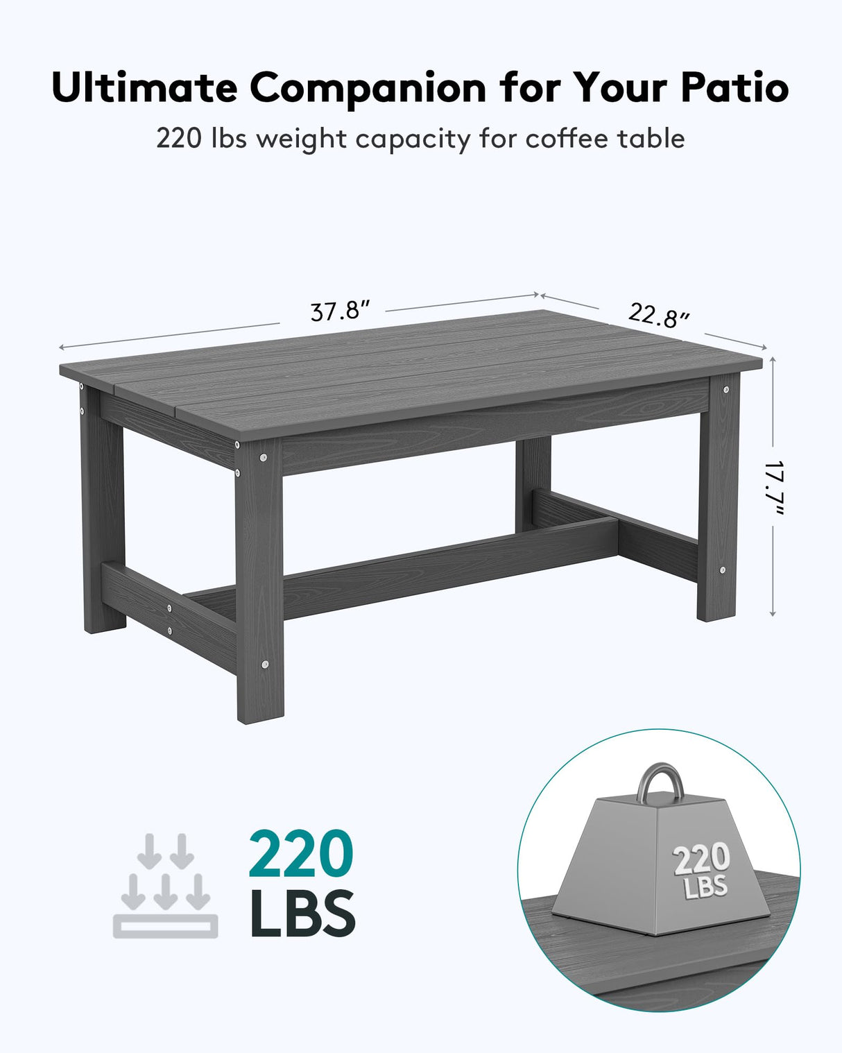 SERWALL HDPE Patio Coffee Table, Rectangle Outdoor Coffee Table, All-Weather Coffee Side Table for Balcony, Poolside, Deck, Garden, Gray SERWALL