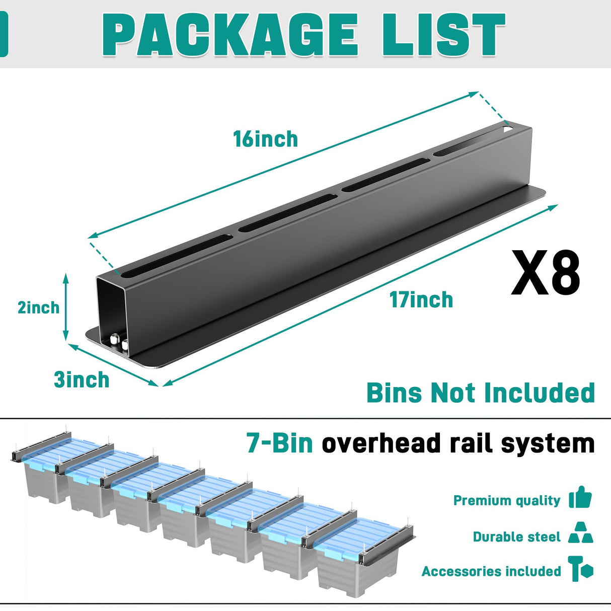 EVERHANGER Ceiling Storage Rack, Heavy Duty Overhead Storage Rack for Garage, Adjustable Ceiling Bin Storage System, 8 Sets for 7 Bins, 16 Inch EVERHANGER