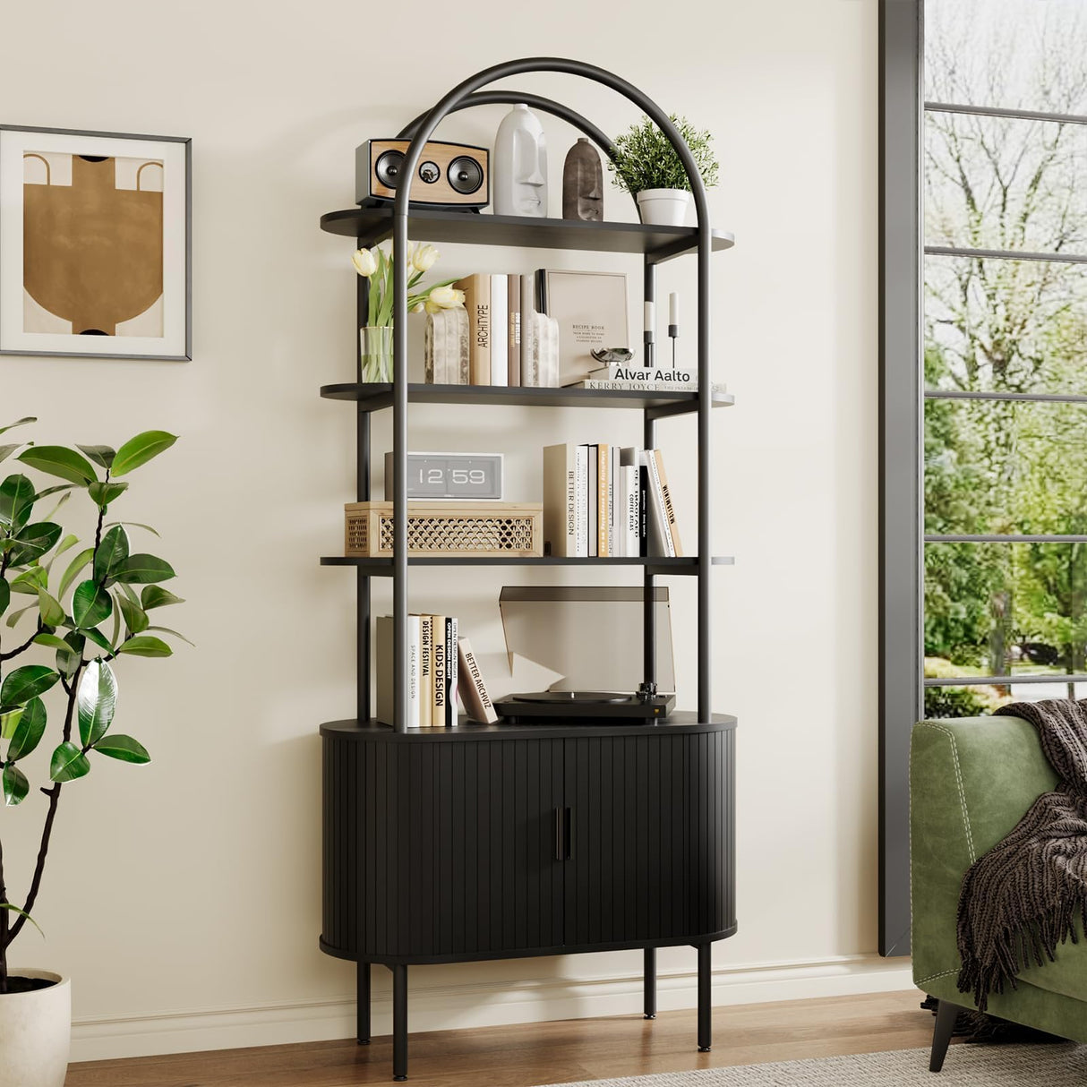 BREEZEHEAT 71" Tall Fluted Arched Bookshelf, Modern Bookshelf with Sliding Tambour Doors, 4-Tier Storage Shelf, and Metal Frame, Curved Cabinet for Living Room, Home Office, Bedroom, Black BREEZEHEAT