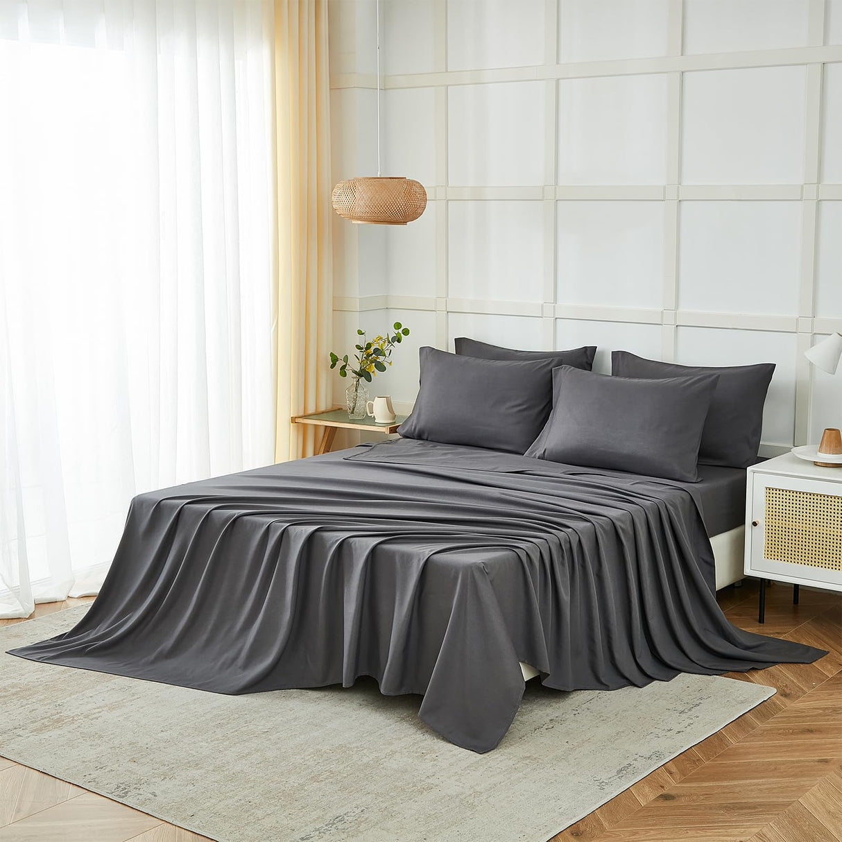 ILAVANDE King Size Sheets Set 6 Piece,Hotel Luxury Super Soft 1800 Series Microfiber Grey Bed Sheets King Set-Wrinkle Free & Breathable-14 Deep Pocket Sheets for King Size Bed(King,Grey) ILAVANDE