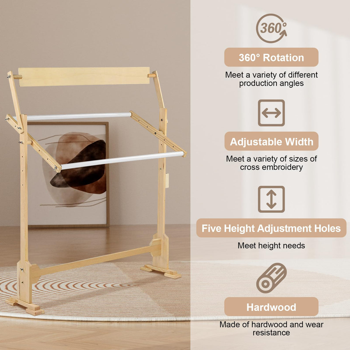 Cross Stitch Frame Wooden Embroidery Floor Stand 360° Rotation Needlework Stand Frame Holder Lap Hands Stand with Adjustable Frame 75 x 40cm Greensen