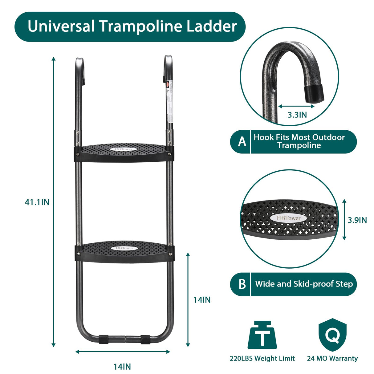 HBTower Trampoline Ladder with Horizontal and Wide Steps, Universal Hook, UV Treated Steel, 220 lbs Capacity Trampoline Accessories for Children Kids HBTower