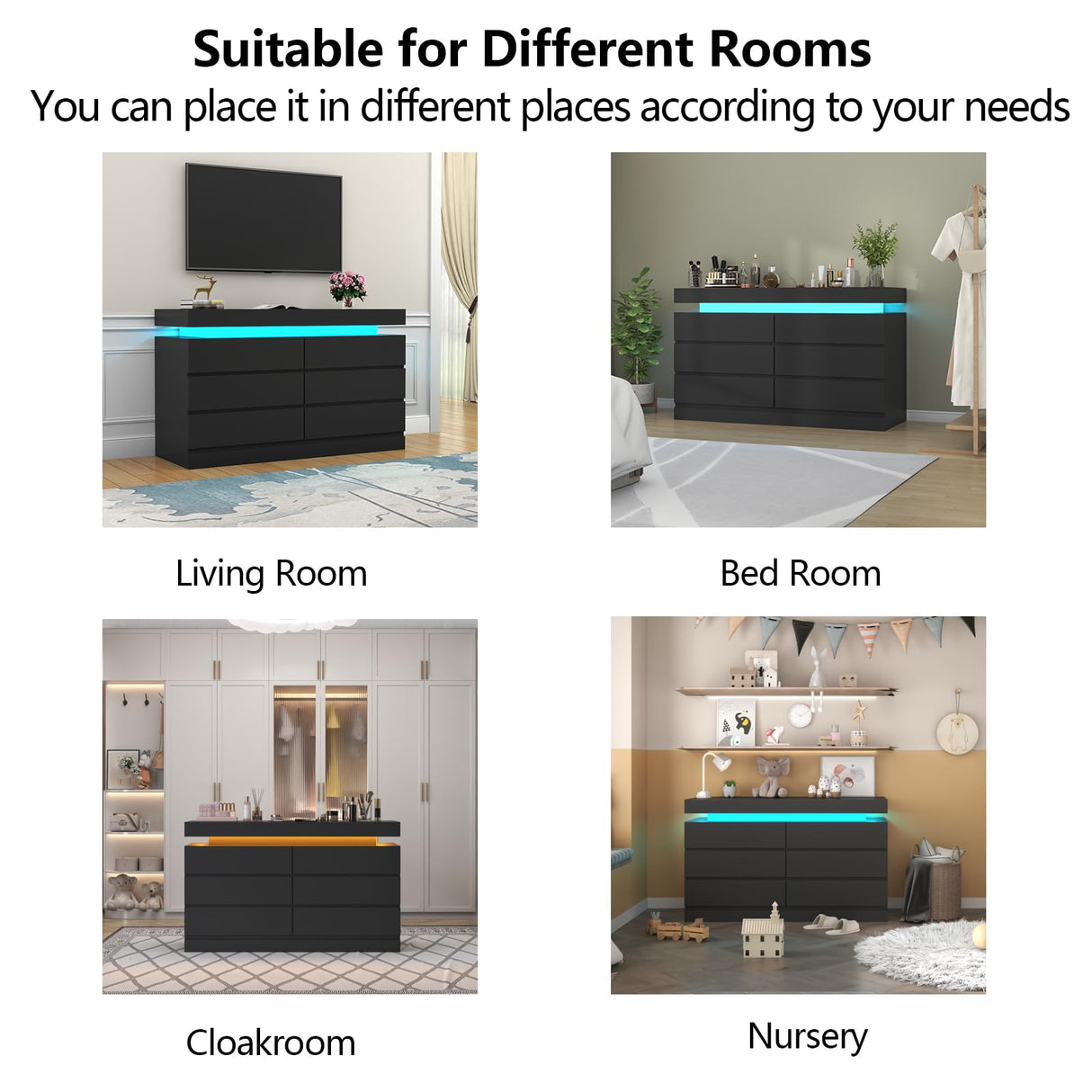 Gyfimoie 6 Drawer Dresser with Power Outlet, Black Dresser with LED Light, Modern Chest of Drawers for Closet, Double Wide Drawer Organizer Cabinet for Bedroom, Living Room, Entryway, Hallway (Black) Gyfimoie