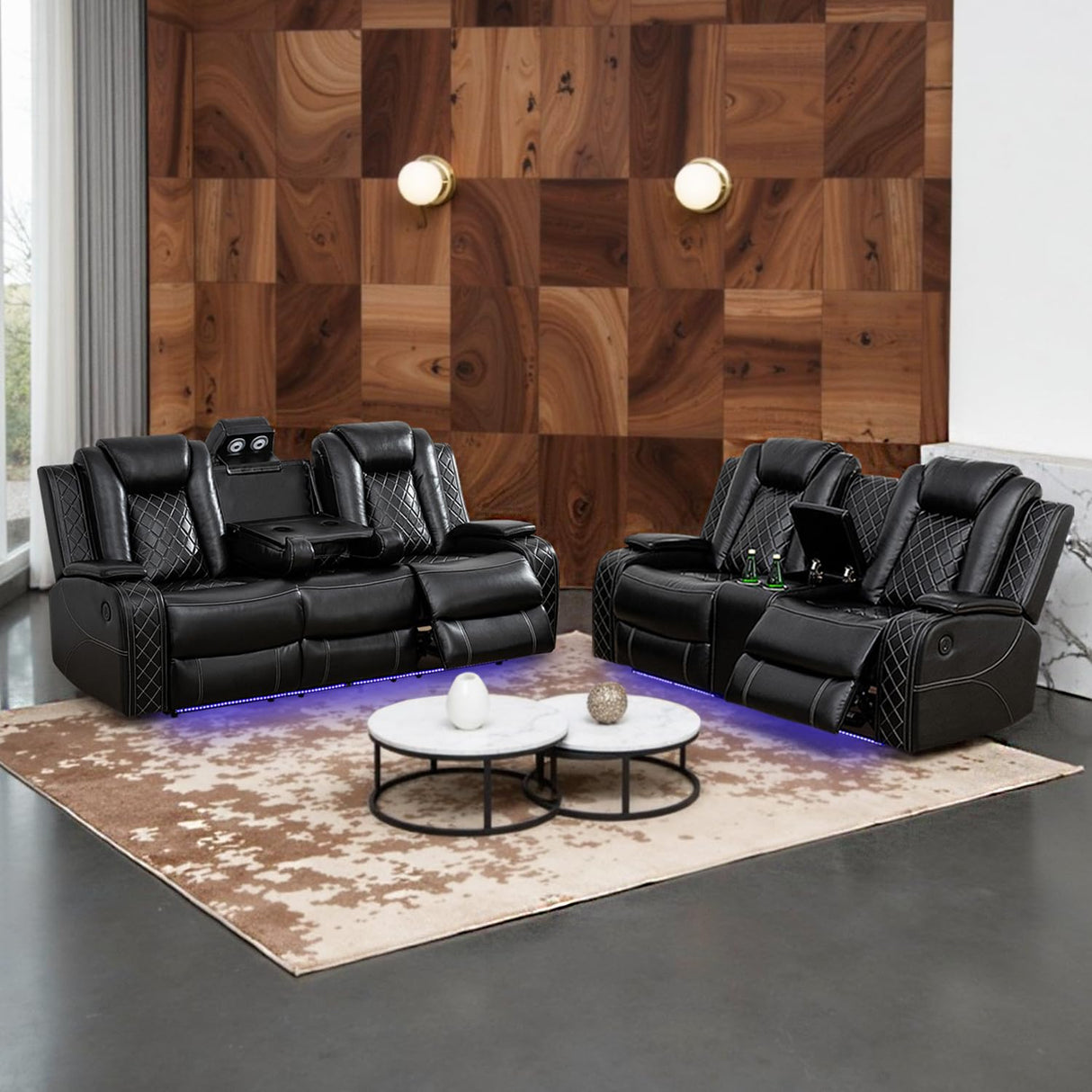 SIENWIEY Power Recliner Sofa Set for Living Room Furniture Sets,Leather Reclining Couch Set with LED Lights,Recliner Leather Sofa and Loveseat with Storage/Cup Holders/Charging Port,Black SIENWIEY