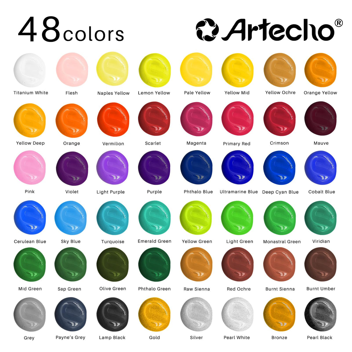 Artecho Acrylic Paint Set 48 Colors 2oz/59ml with 12 Brushes, Art Craft Paints Kit, Paint for Canvas, Rocks, Wood, Fabric, Ceramic and Art Supplies, Non Toxic Paint for Artists and Beginners Artecho