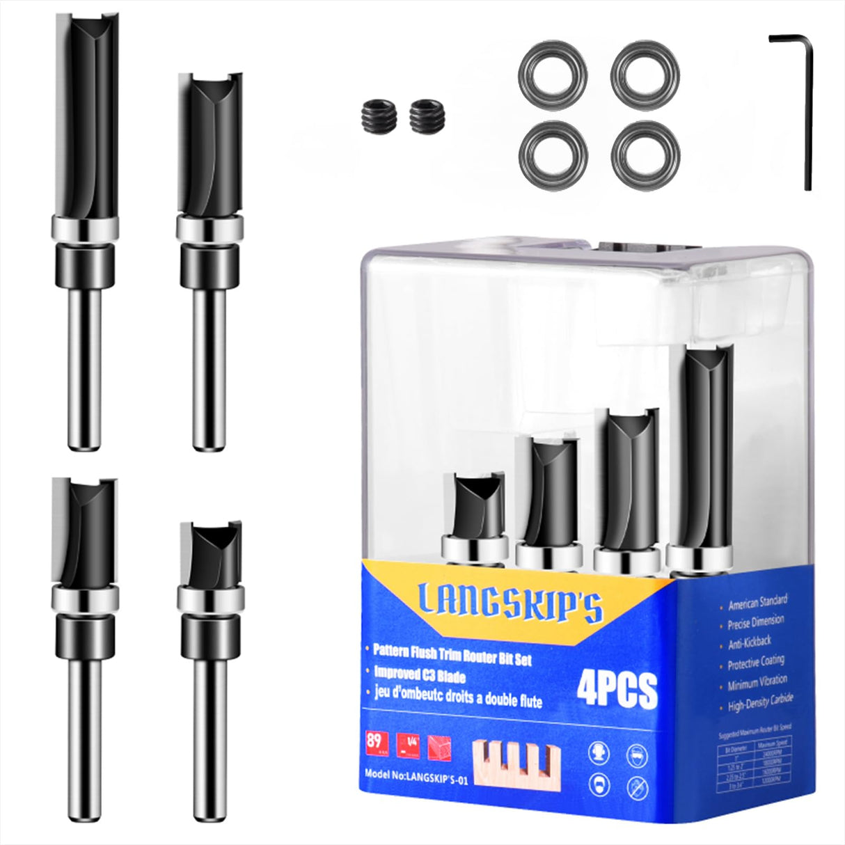 Pattern Flush Trim Router Bit Set, LANGSKIP'S 4PCS 1/4 Inch Shank Top Bearing Flush Trim Router Bit, Carbide Template Router Bits 1/2”, 3/4”, 1”, 1-1/2'' with Updated YG6X Carbide, Durable for DIY LANGSKIP'S