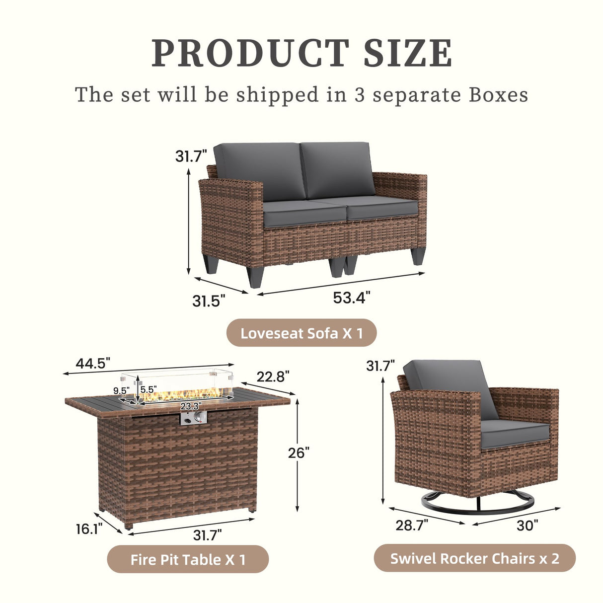 UDPATIO 5 Pieces Patio Furniture Set with Fire Pit Table, Outdoor Furniture Set with Rocking Swivel Chairs, Wicker Patio Set with Waterproof Cover, 4'' Thickened Cushion, Grey UDPATIO