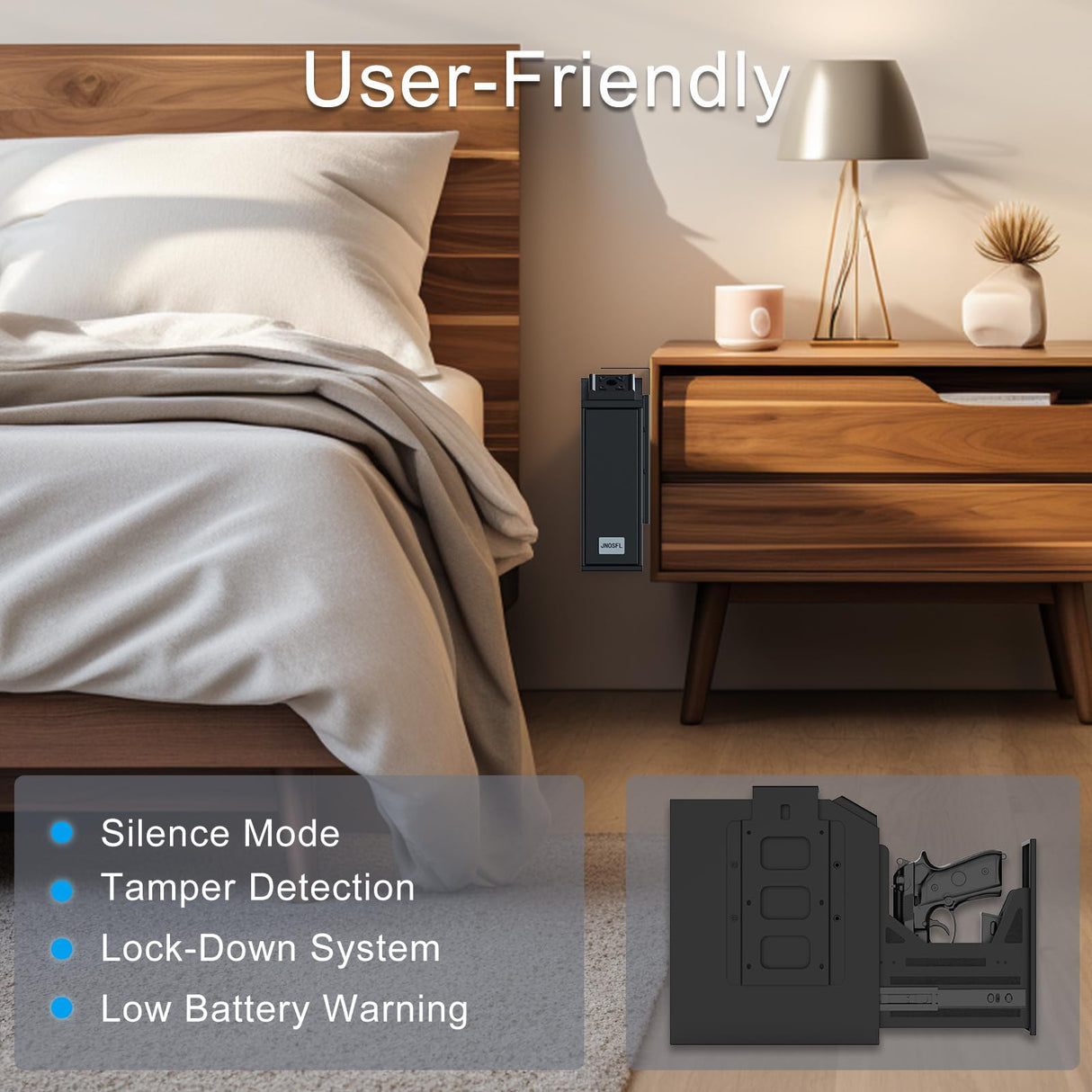 Biometric Gun Safe, Mounted Handgun Safe for Nightstand Bed Side Hidden Gun Storage in Wall Quick Access Bedside Slider Pistols Safes for Handguns with Fingerprint, Keypad, Pistol JNOSFL