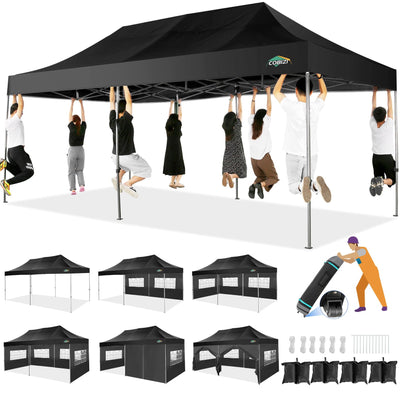 COBIZI 10x20 Heavy Duty Pop up Canopy Tent with 6 sidewalls Easy Up Commercial Outdoor Canopy Wedding Party Tents for Parties All Season Wind & Waterproof Gazebo with Roller Bag,Black(Frame Thickened)