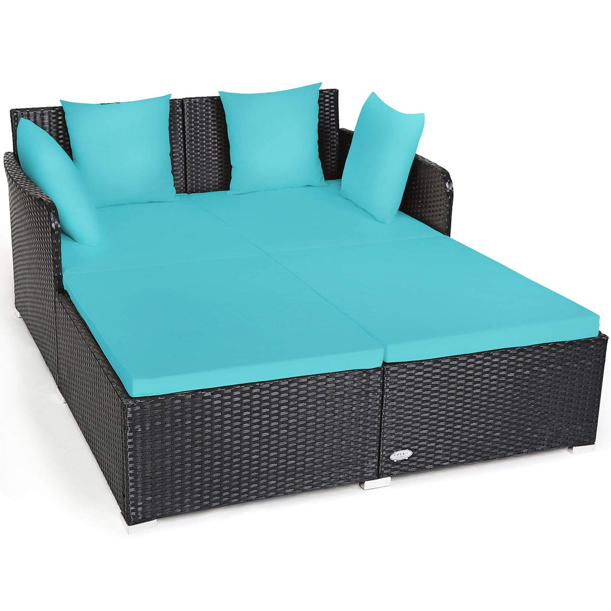 Tangkula Outdoor Rattan Daybed, Sunbed Wicker Furniture w/Spacious Seat, Upholstered Cushion & High-Resilience Sponge, Wicker Patio Sofa Set w/Extra Pillows for Courtyard Poolside(Turquoise) Tangkula