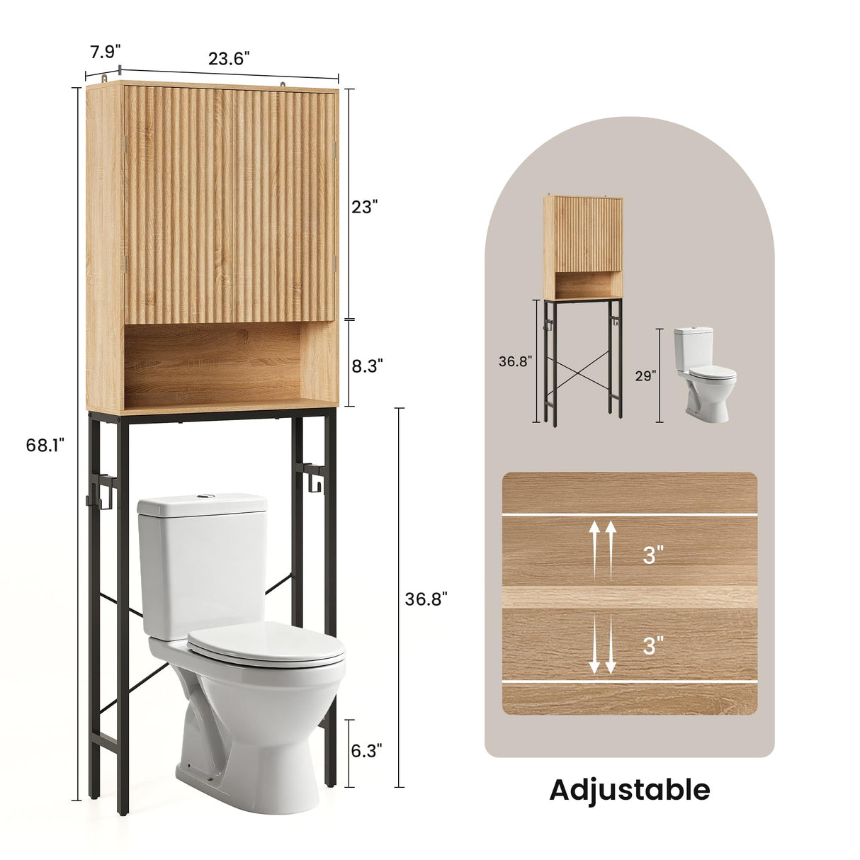 Toilet Storage Cabinet, Over The Rack Wood Cabinet with Metal Stand, Bathroom Organizer with Adjustable Shelf, Tall Freestanding Washer Shelf, Small Cupboard, Space Saver, Natural Style TROJM