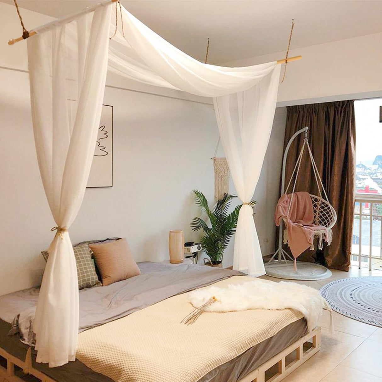 Bed Canopy for Girls & Adults, King to Twin Sizes - White Tulle Canopy Bed Curtains with Frame, 59" x 255" Comtelek