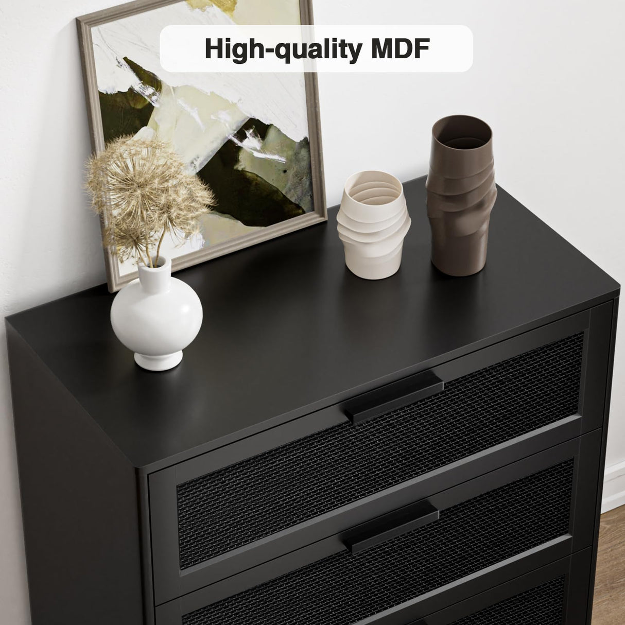 Anmytek 35" H Black Rattan Dresser, Farmhouse 3 Drawer Dresser with Natural Rattan Spacious Chest of Drawers for Living Room, Nursery, Hallway H0096 Anmytek