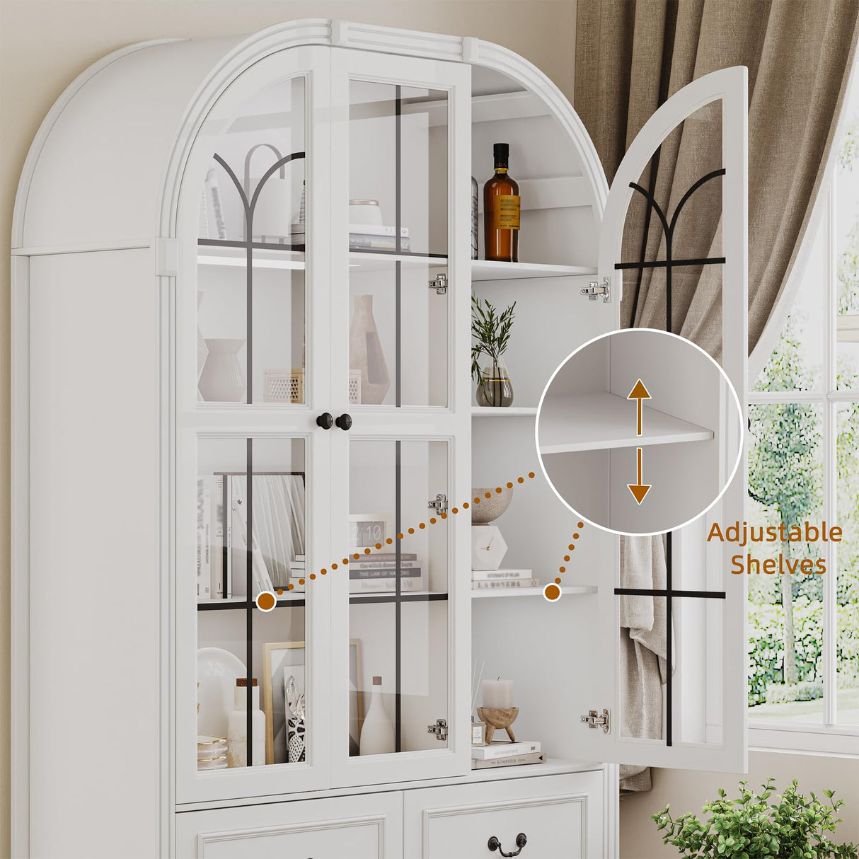 70.8'' Tall Arched Kitchen Pantry Cabinet, Large Farmhouse Storage Cabinet with Glass Doors, Display Case, Wood Bookshelf with 2 Drawers & Adjustable Shelves, Kitchen Pantry for Living Room, White LIVAUVEAD