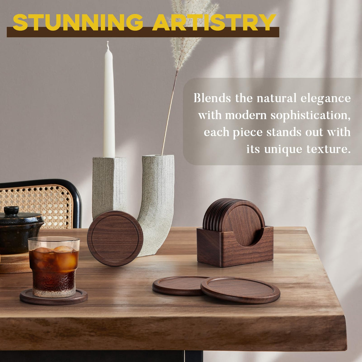Wood Coasters with Holder, GOH DODD Set of 6 Wooden Coaster Set for Drinks Desk Coffee Table Home Kitchen Office Bar, Tabletop Protection Living Room Decor, Walnut Coasters, 3.6 Inch GOH DODD