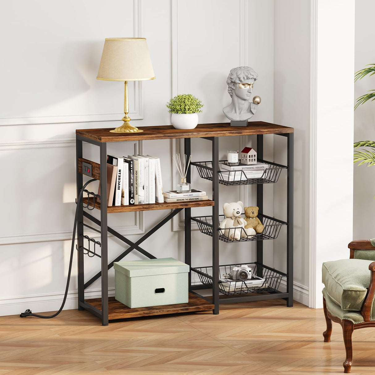 Homeiju Kitchen Island, Baker's Rack with Power Outlet, Microwave Stand, Coffee Bar with 3 Removable Wire Baskets, Kitchen Storage Rack with 6 S-Hooks for Spices, Pots and Pans - Rustic Brown Homeiju