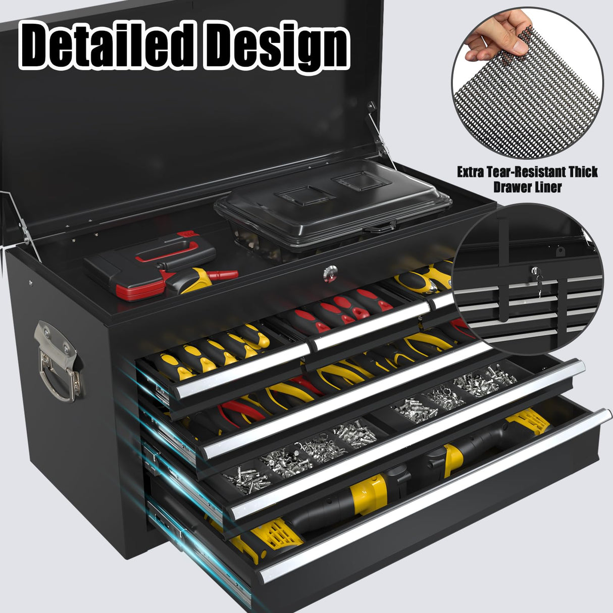 Wanmwill Tool Chest, 8-Drawer Rolling Tool Storage Cabinet with 2 in 1 Detachable Top Tool Box, Liner, Lockable Wheels, Side Hooks, Locking Mechanism, Metal Tool Cart for Garage (Black) Wanmwill