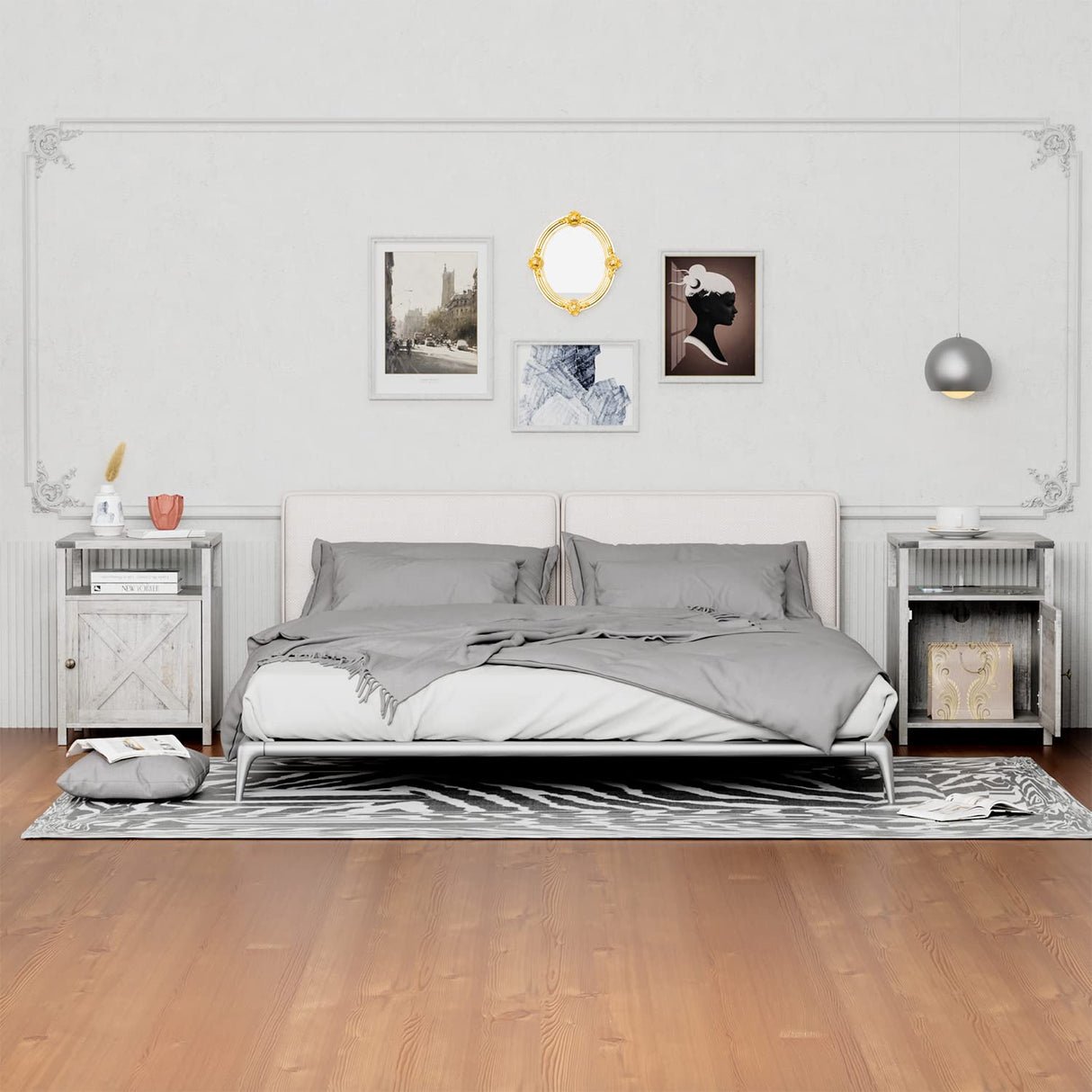 HOSEOKA Farmhouse Nightstand with Charging Station, Grayish White End Table Bedroom with Storage Living Room Side Table Beige Night Stand Industrial Bedside Bed Table with USB Ports and Outlets HOSEOKA