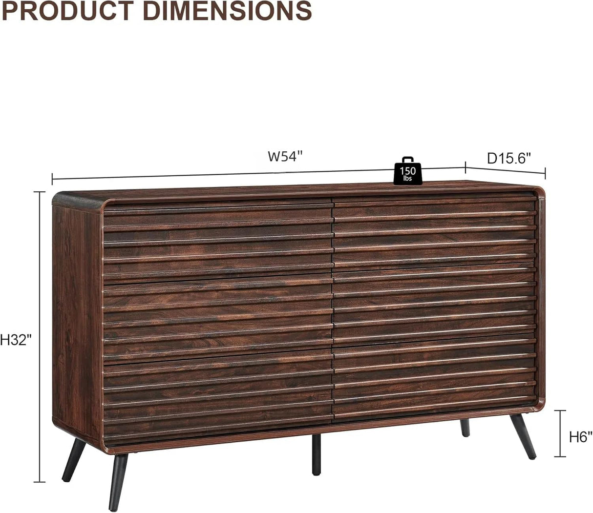 RedLemon 6 Drawers Dresser for Bedroom, 54'' Wide Mid Century Modern Wood Fluted Double Dresser, Chest of Drawers with Tapered Leg for Bedroom, Living Room, Hallway, Closet, Dark Walnut RedLemon